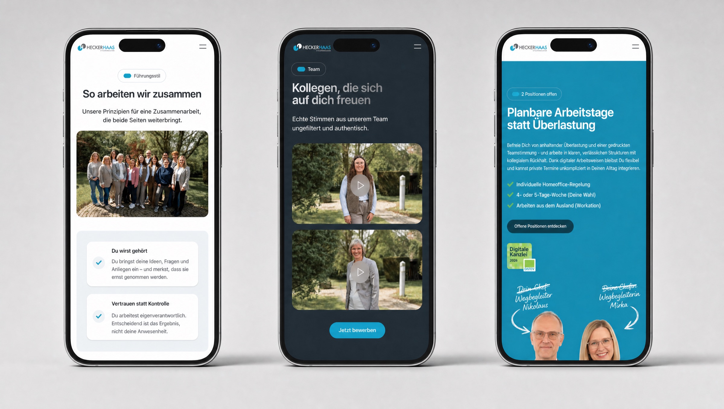 Karriereseite von Hecker & Haas auf drei Smartphones: „So arbeiten wir zusammen“, „Kollegen, die sich auf dich freuen“ und „Planbare Arbeitstage statt Ueberlastung“